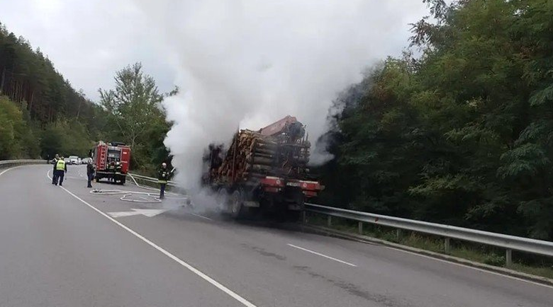 Камион с дървесина пламна на прохода Предела